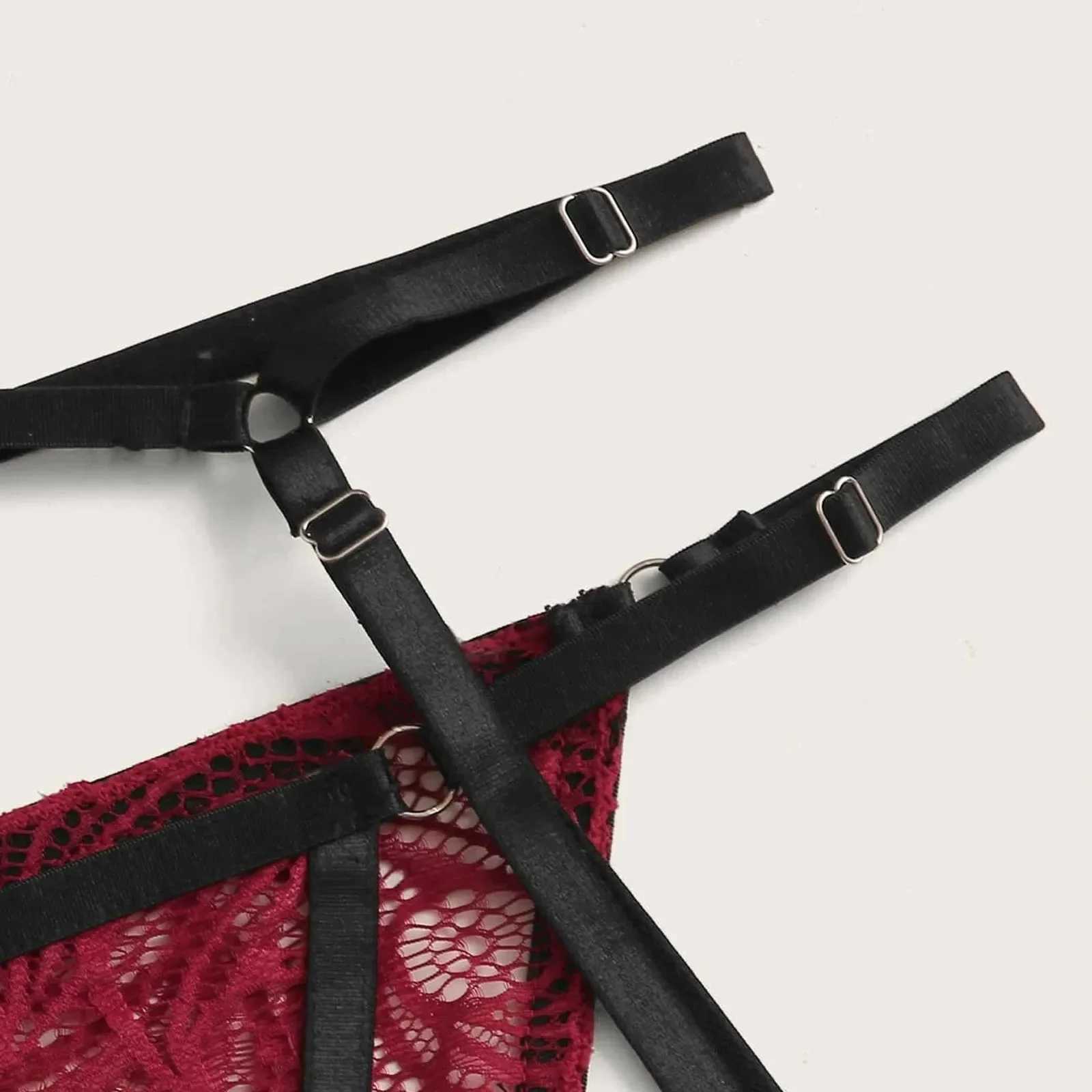 Sexy lace Crotch lingerie set suspender neck hollow bra lingerie bandage pajamas steel ring suspender lingerie set sexyXJ250301