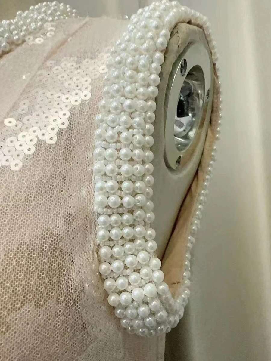 Spliced Beading Glitter Dress For Women Stand Collar Sleeveless High Waist Patchwork Sequins Slim Chic Midi Dresses Female