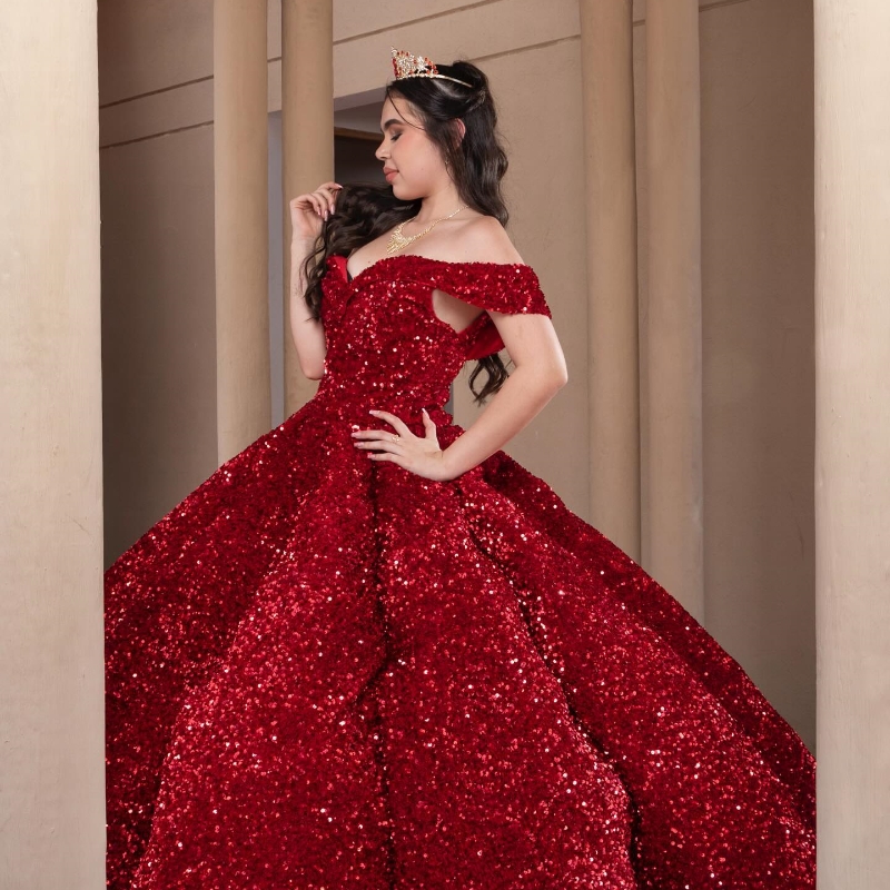 Red Quinceanera Dresses Ball Gown Off The Shoulder Sequined Party Birthday Sweet 16 Dress Vestidos 15 De Anos
