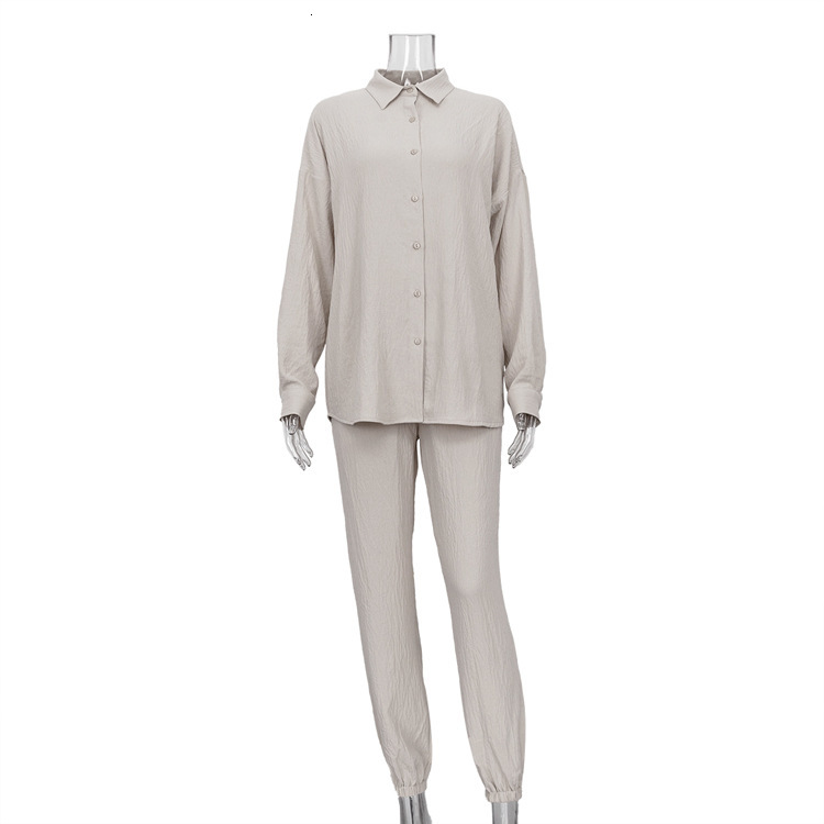 INS Style New2 New Casual Solid Polo Collar Long Sleeve Shirt Top Harlan Pants Two Piece Set