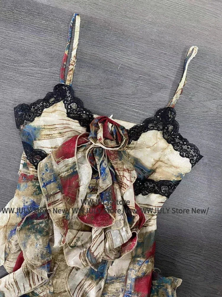 American Style Sexy Gyaru Halter Top Women Sweet Print Slim Camisole Summer High Street Coquette Asymmetrical Tees 250226bj