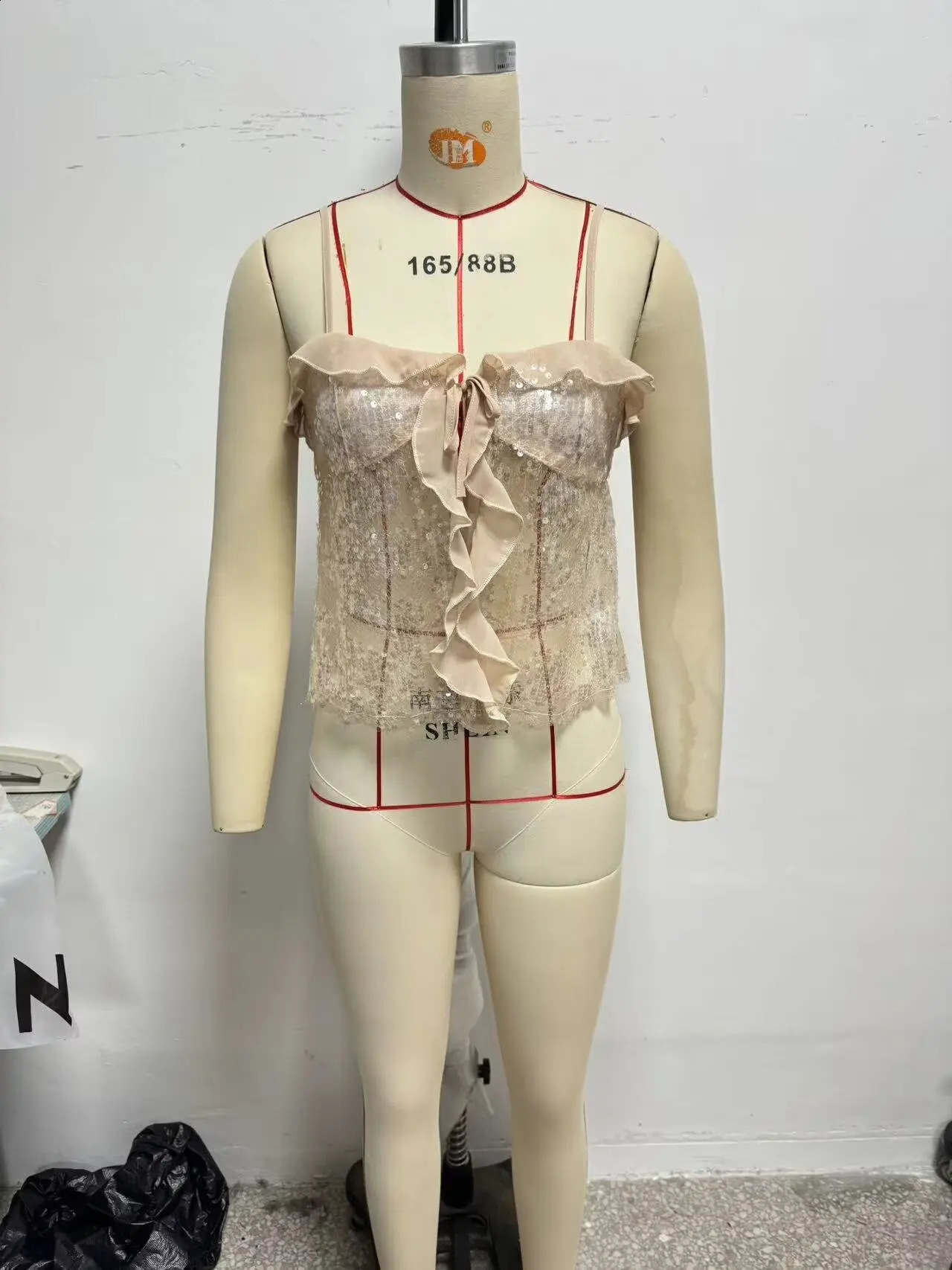 2025 Women Chic Pleat Ruffles Sequined Chiffon Sling Camis Tank Top Lady Backless Short Crop Shirt Blouse Tops Clothes 250226