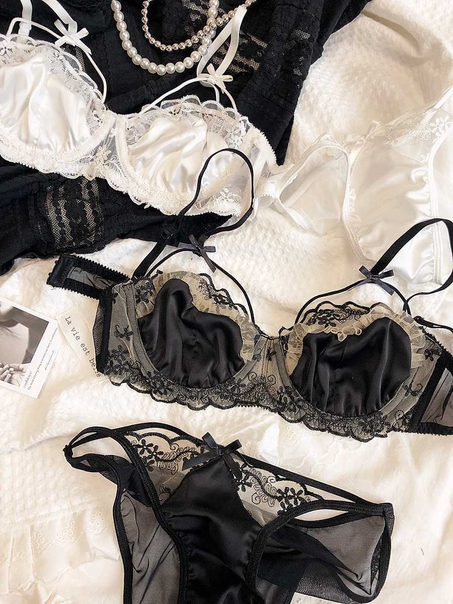 Romantic French Style Lingerie For Women Sexy Elegant Mesh Embroidery Flower Ribbon Bowknot Lace Ruffle Silk Girls Underwear SetXJ250301