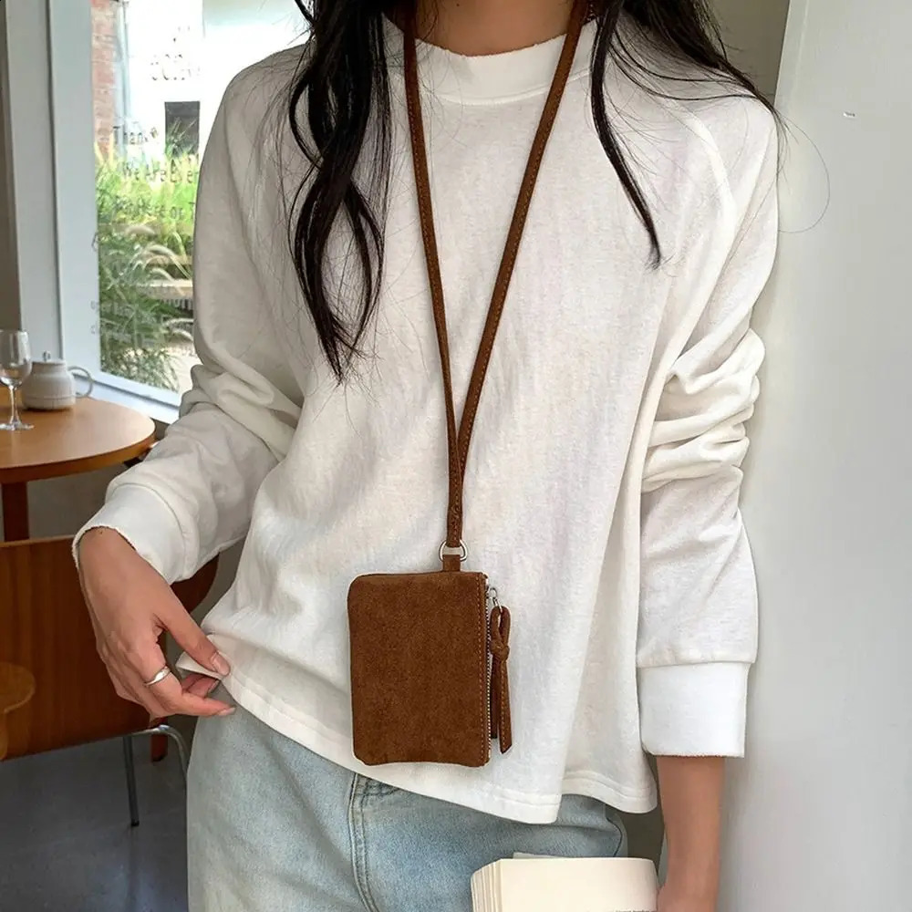 Elegant PU Leather Suede Coin Purse Shoulder Bag Hanging Neck Lanyard Wallet Korean Style Purse Pendant Travel Accessories 250228