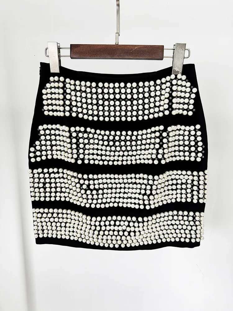 Spring 2025 New Shrug Shoulder Decoration With White Dot Slim Suit Handmade Pearl Nail Bead Mini Skirt Jacket For Women