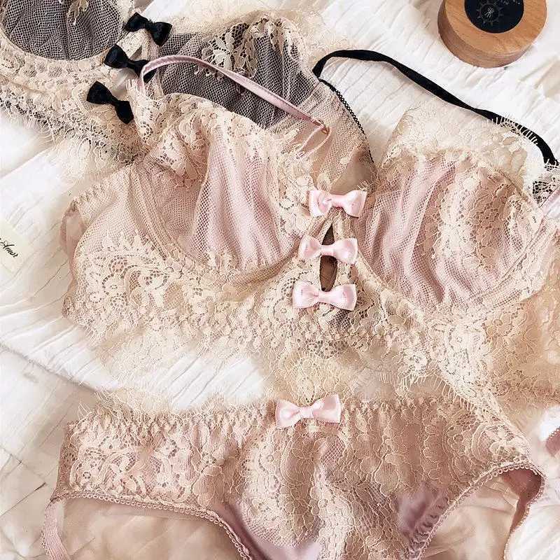 French sexy eyelash lace lingerie set with large chest and small push up anti sagging braXJ250301