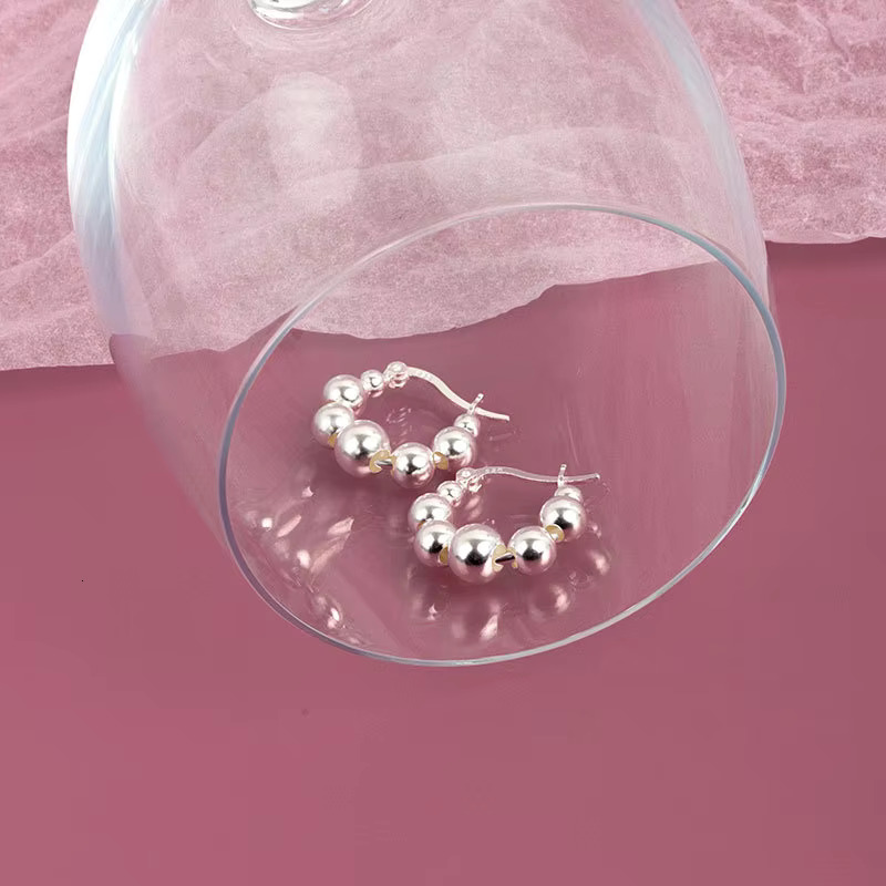 Hot Selg Minimalist Sier Geometric Circular Round Beads Shaped Gold Plated Hoop Earrings for Women Girls