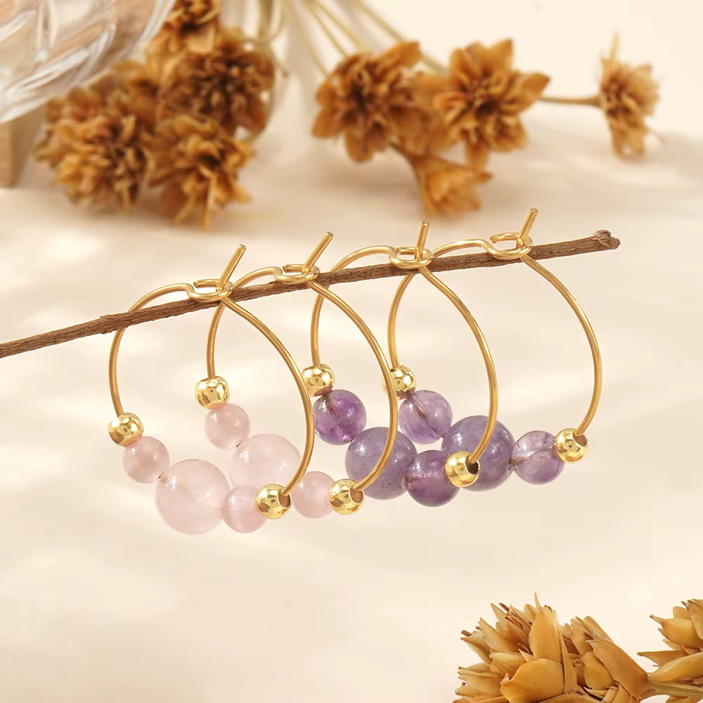 Go2boho Natural Gemstone Hoop Amethyst and Rose Quartz Gold Plated Beaded Round Earrings for Women Gift
