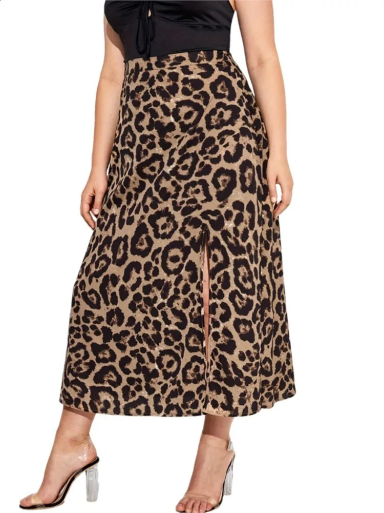 Plus Size Summer Leopard Print Skirts Women Split Fashion Sexy High Waist Ladies Skirts Pleated Woman Long Skirts 250224
