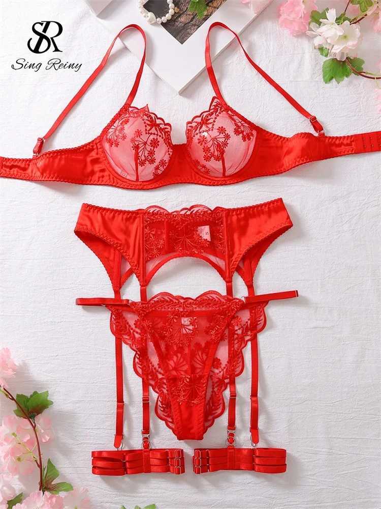 SINGREINY Embroidery Mesh Sexy Lingerie Suits Women Garter Transparent 4 Pieces Sets Ladies Floral Underwear Shapewear SetsXJ250301