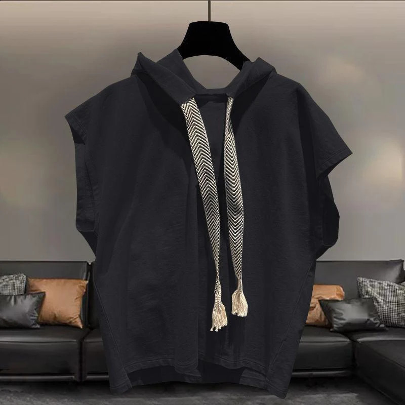 Summer Solid Men Drawstring Hooded Tank Top Fashion All-match Punk Casual 2xl Oversized Clothing Vest Tee Black White Street Gym 250225