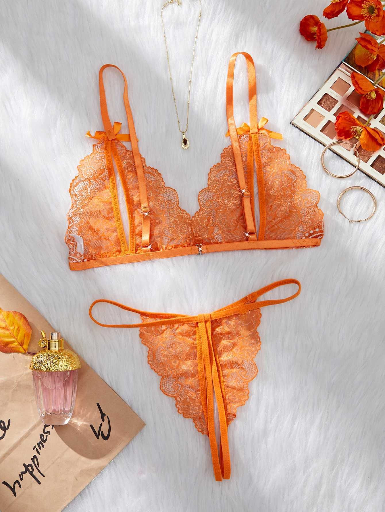 Orange lace contrast bra set womens open chest bra and thong set summer womens lingerie cute and sexy lingerie setXJ250301