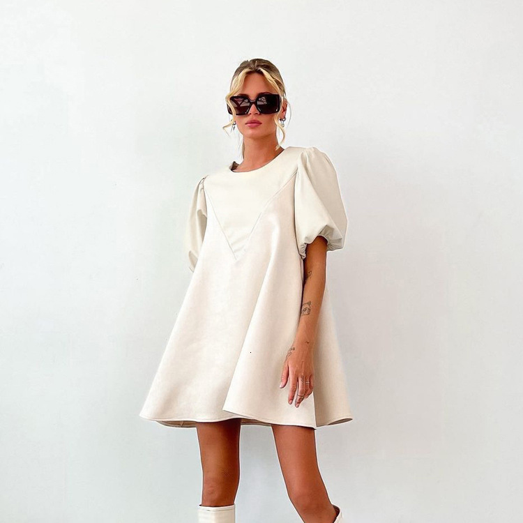 Feng New3 Spring Women's PU Leather Panel Design Feel Loose Solid Color Casual Short Sleeve Dress