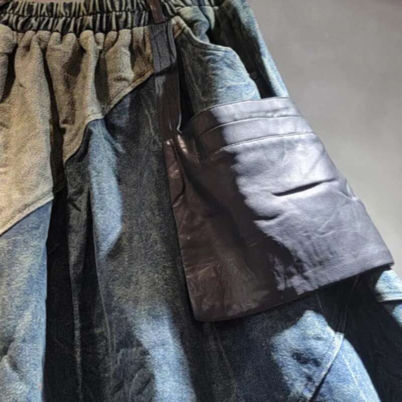 DEAT Women's Fashion Patchwork Elastic Waist Pocket Jeans Loose High Street Denim Trousers Female Trend 2024 Winter New 11A01760