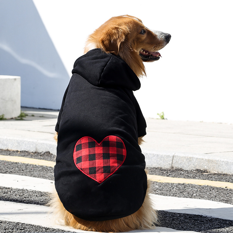 Stylish Dog Hoodie with Plaid Embroidered Heart, Dog Paw Pattern, Puppy Streetwear Autumn Winter Cotton Sweatshirt Fashion Outfit for Small Medium Lar