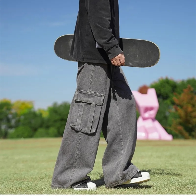 Solid Hip Hop Harajuku Jeans Vintage Large Pants Men Pockets Wide Leg Baggy Jeans Men Streetwear Straight Denim Cargo Pants 250228