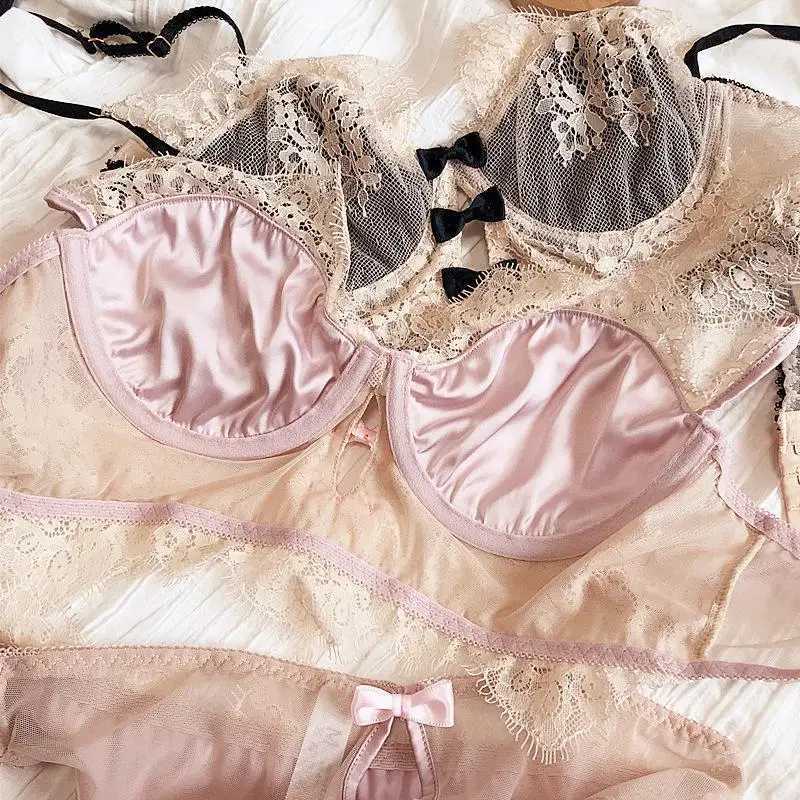 French sexy eyelash lace lingerie set with large chest and small push up anti sagging braXJ250301