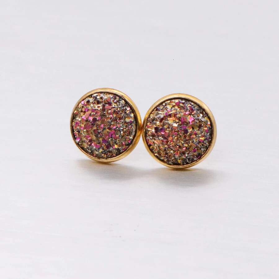 6pair/lot Glitter Round Stud Gold Color Stainless Steel Jewelry for Women Colorful Resin Druzy Drusy Ear Studs Earrings