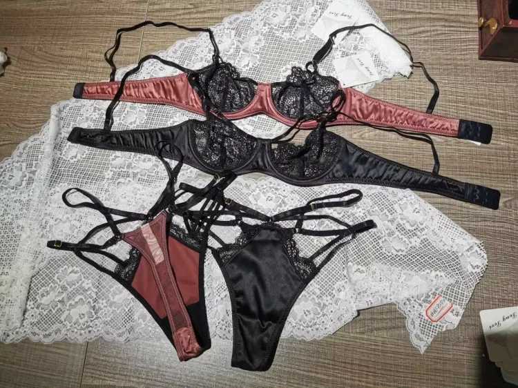 2024 sexy lace satin patchwork bra ultra-thin bra set enlarged size sexy see through T-pants bra see through bra setXJ250301
