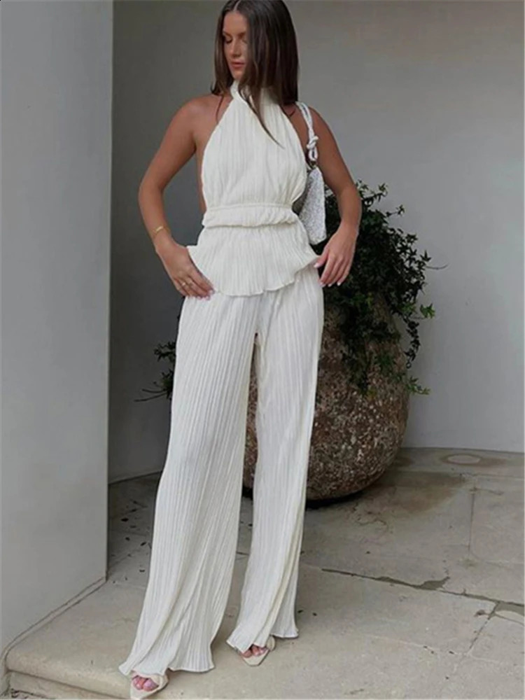 Tossy Casual Loose Halter Two Piece Sets Suit Women Summer High Waist Pants Set Ladies Elegant Ruched Travel Holiday Outfits 250225
