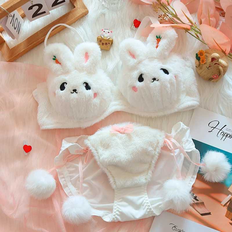 Japanese lolita girls plush lingerie with underpants no steel ring push-up bra set warm lingerie underpants suit rabbit braletteXJ250301