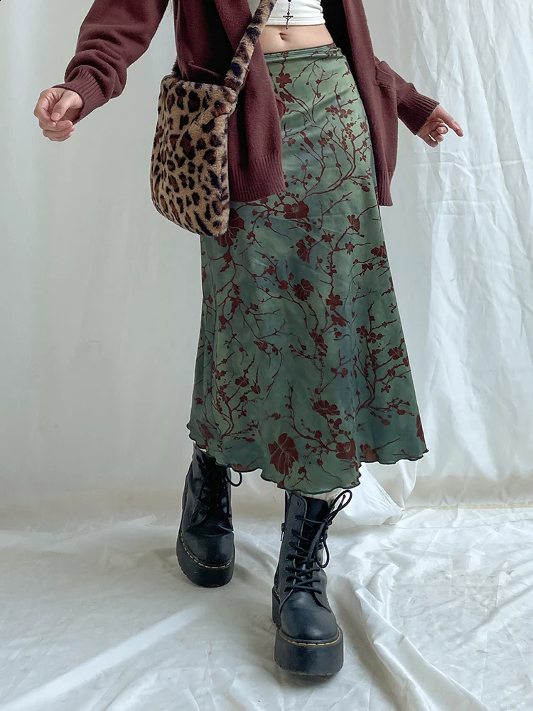 SUCHCUTE y2k Vintage Floral Printing Midi Skirts Women Harajuku Fairycore Green Straight Maxi Skirt Aesthetic Sweet Clothes 250224