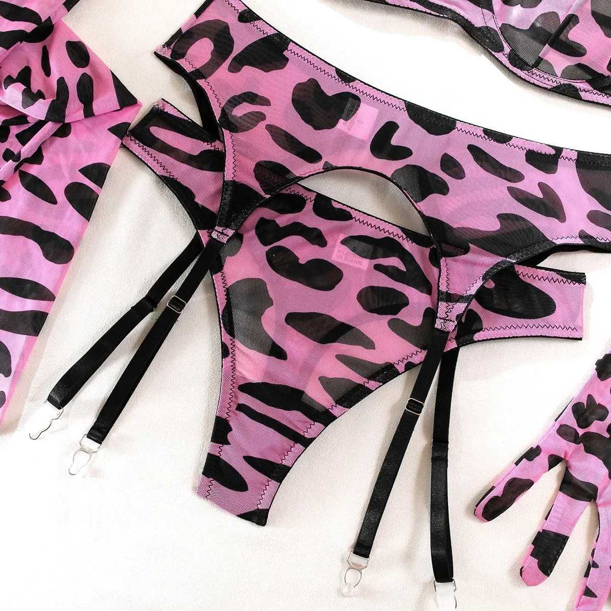 Sexy Pink Leopard Printed Bra Gloves Leg Socks Lingerie Set Womens Perspective Comfortable Mesh Exotic Apparel Underwear SuitXJ250301