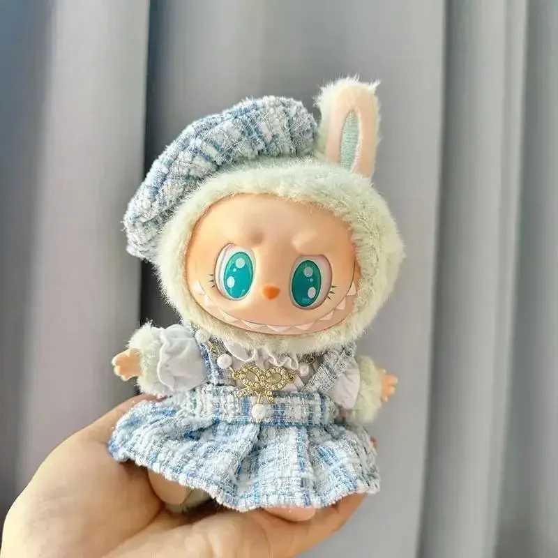 Mini DollS Clothes Outfit For 15-17cm Labubu V1 V2 Classic Grid style Dress Cloak Set With Pearl Element Beret Clothing W250301