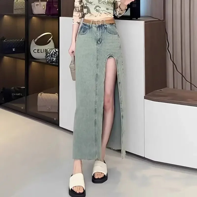 Plus Size Hong Kong Style Spicy Jeans Side Slit Skirt Medium Length Anti-Exposure A- Line Long Dress Plus Size Half Skirt 250224