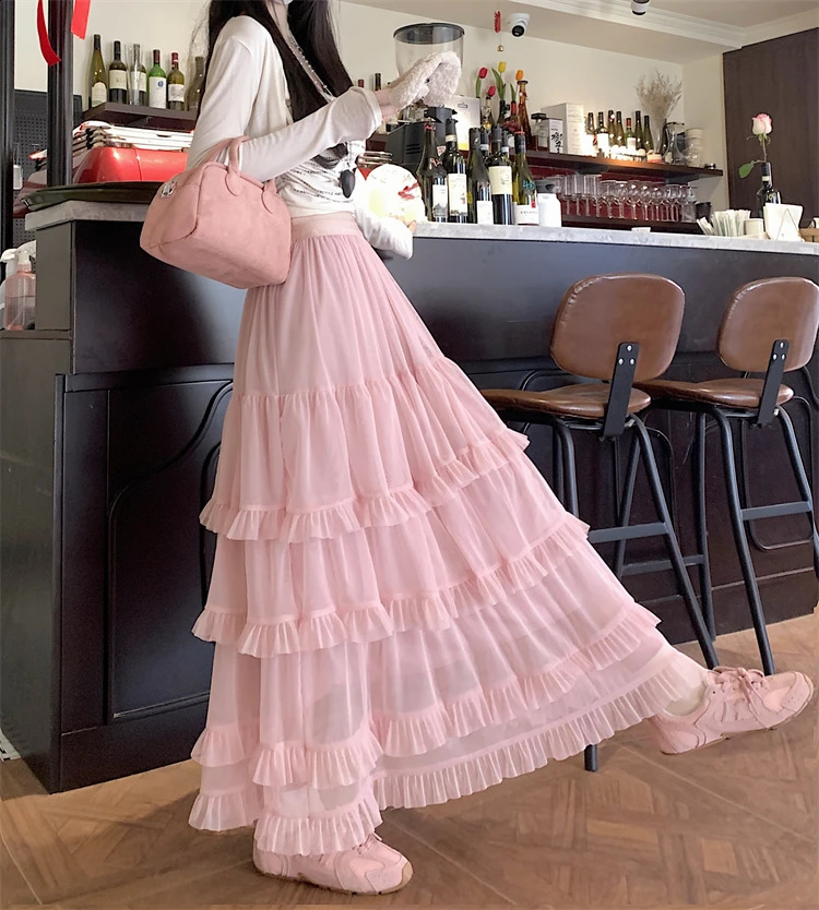 High Quality Wedding Mesh Skirt Women 2025 Summer French Romantic High Waist Long Skirt Female Elegant Streetwear Holiday Faldas 250224