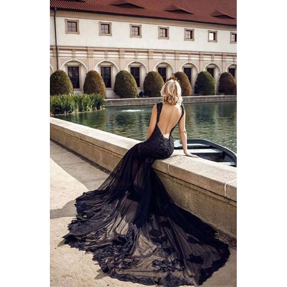 Gothic black lace slit mermaid tulle sleeveless long vintage wedding dresses appliques sexy backless dress