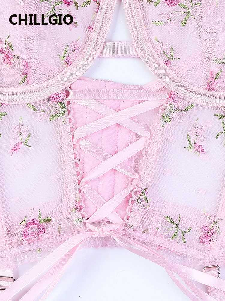 CHILLGIO Women Floral Embroidery Bra Brief Suits Mesh Lingerie Sexy Push Up Intimate 3 Pieces Lace-Up Sweet Cute Underwear SetsXJ250301