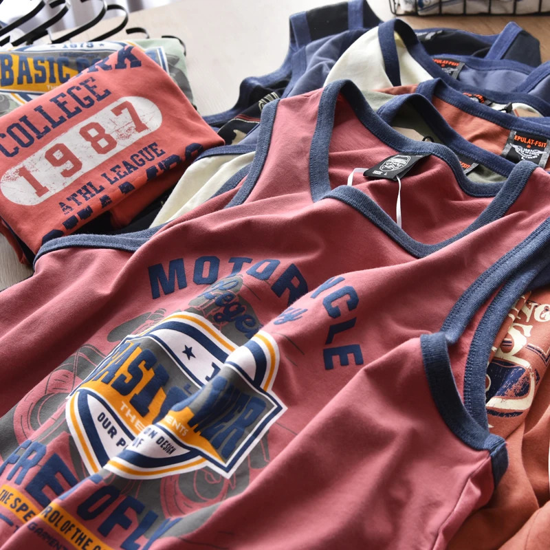 American Letter Print 100% Cotton Sleeveless Vest for Men Vintage Summer Casual Loose Versatile Camisole T-shirt Tees Tank Tops 250225