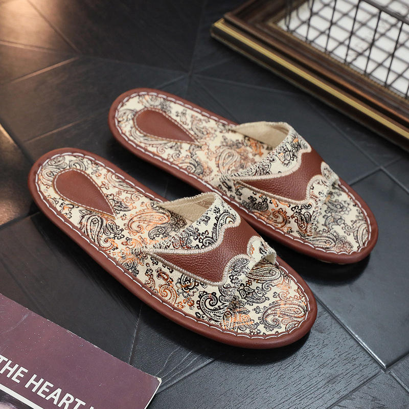 2025 New European Printed Cowhide Design Men's And Women's Home Bath Shoes Summer Indoor Soft Soled Sandals Couple's Home Slippers