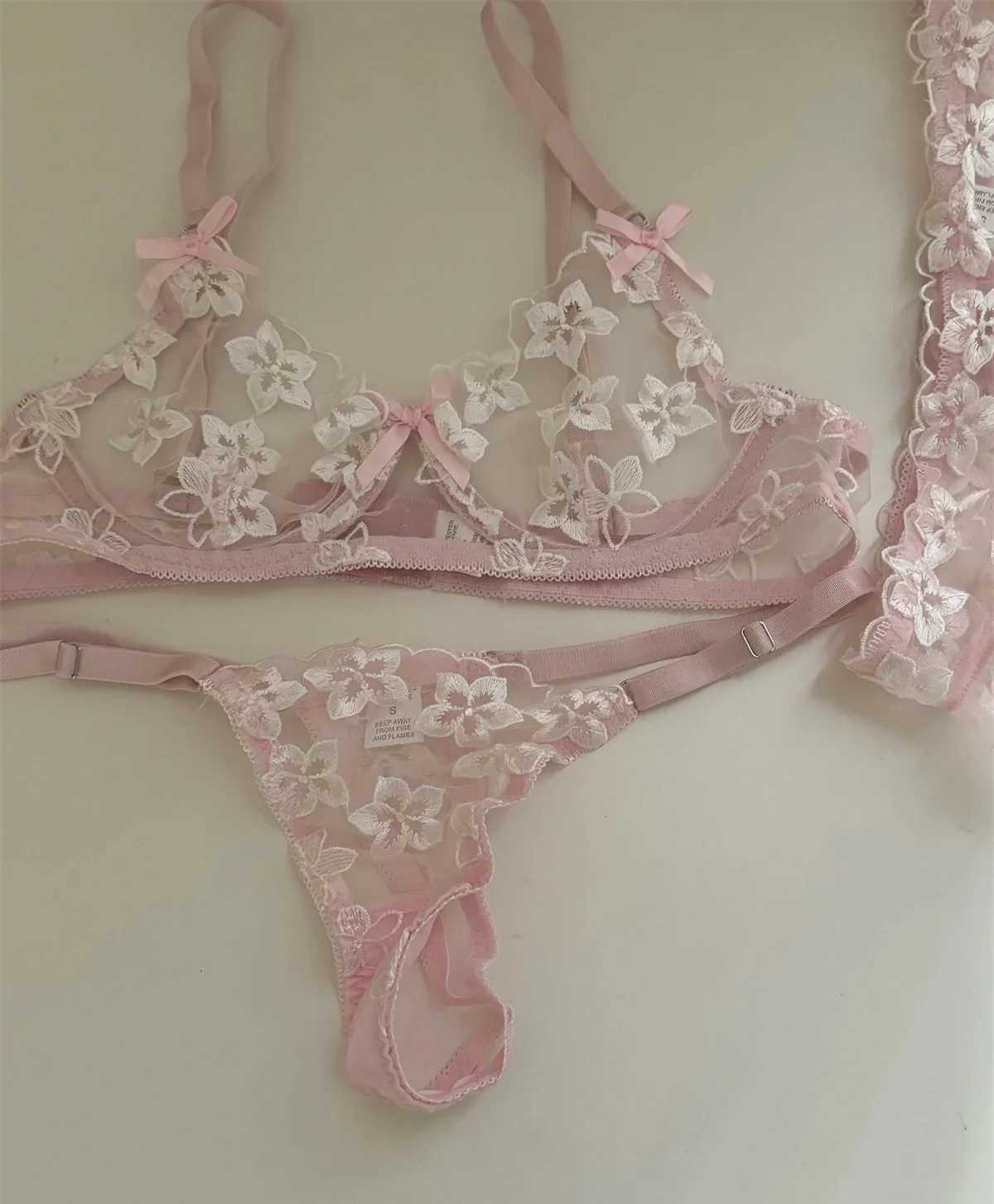 Flower Lingerie Briefs Set Embroidery Temperament Women Underwear Lace Thin Bra Pink Ladies BraletteXJ250301