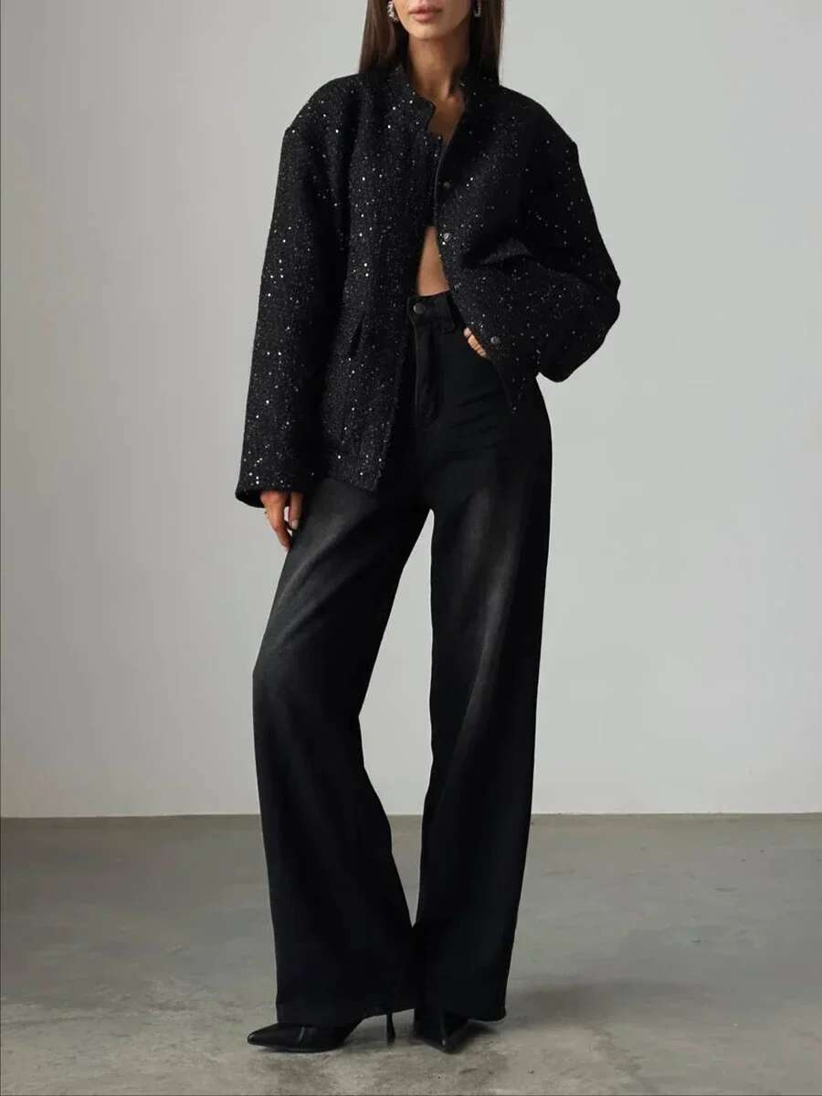 Loose Tweed Sequin Jacket Women Fashion Coat Trend Versatile Warm Chic Elegant Female Coats Stylish Woman Clothes