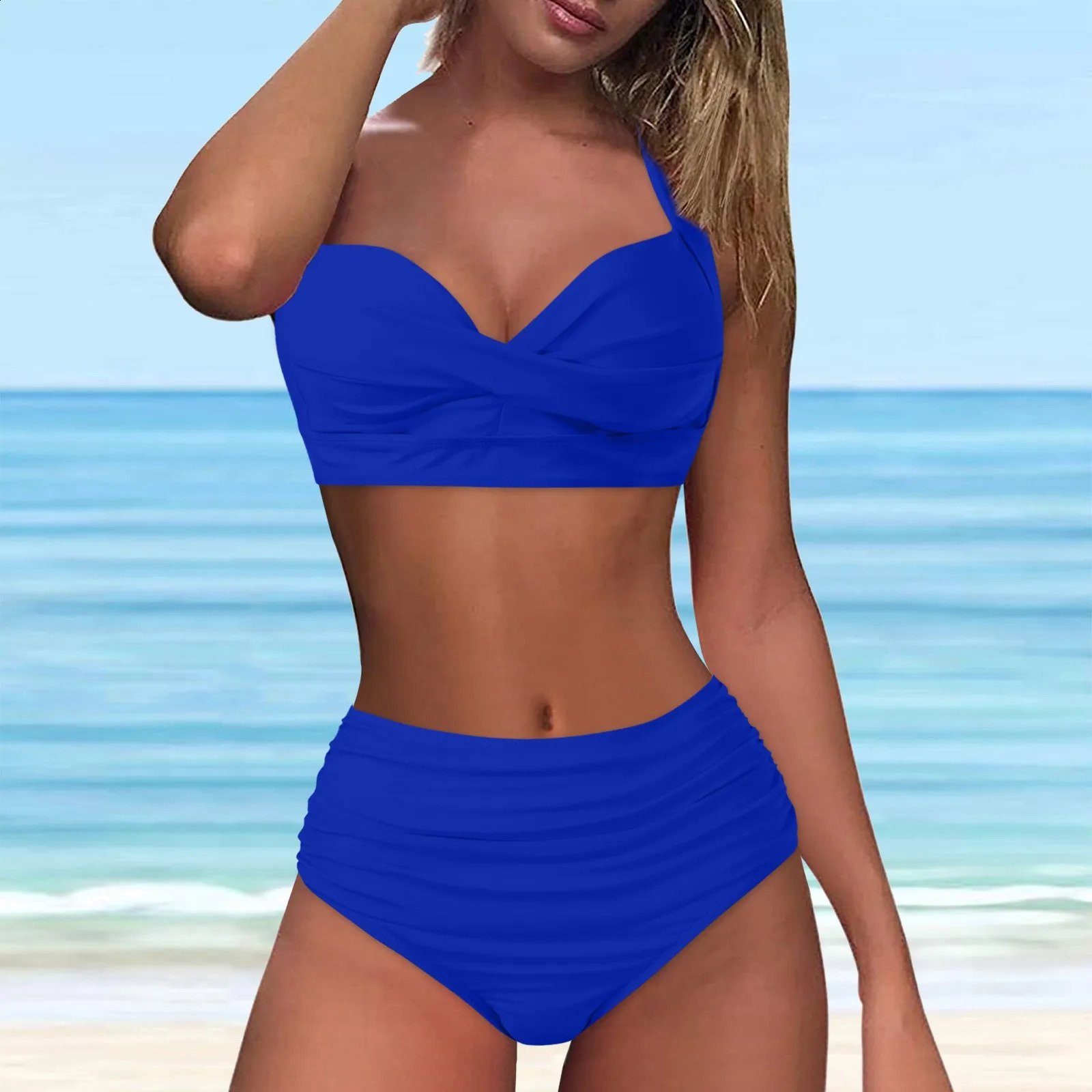 Ladies Vintage Swimsuit Two Piece Retro Halter Ruched High Waist Bikini Set Tankini Swimwear For Women Sumemr swimsuit women 250227