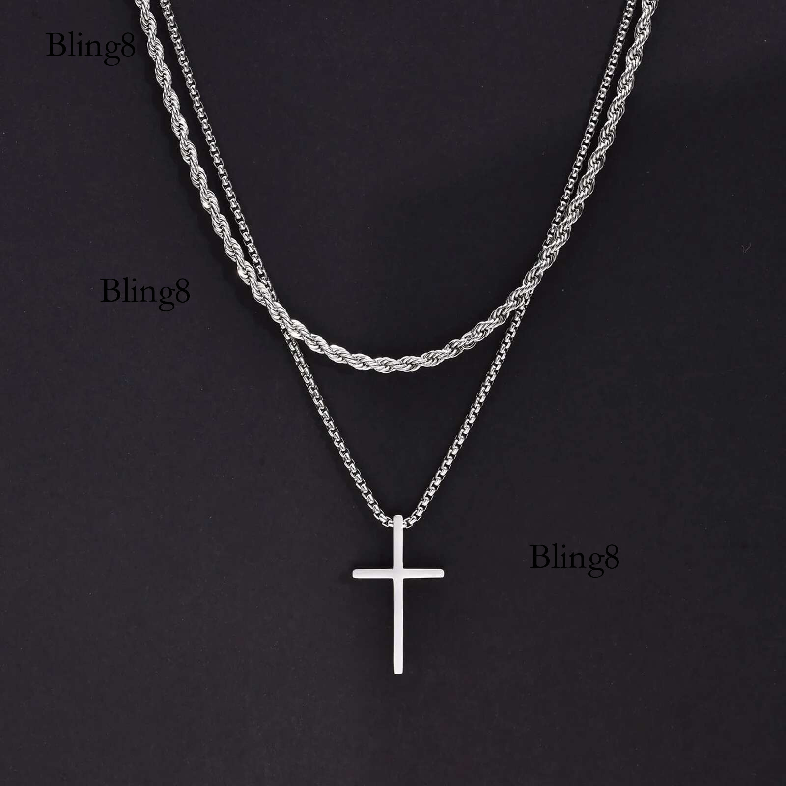 Vnox Mens Necklaces, Stainless Steel Layered Plain Cross Pendant, Rope Box Chain Necklace, Simple Prayer Jesus Collar