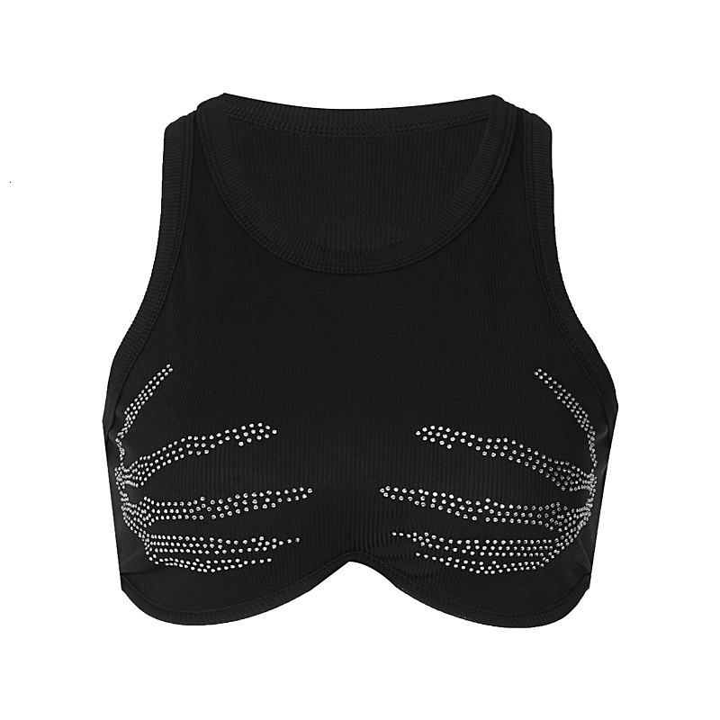 Women's 2023 Summer New Fashion Hot Diamond Slim Fit Round Neck Open Navel Tank Top