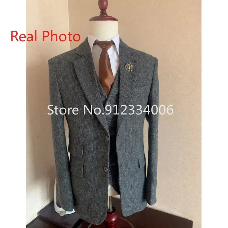 Grey Wool Tweed Winter Men Suits For Wedding Formal Groom Tuxedo Herringbone Male Fashion 3 Piece JacketVestPantsTie 250224