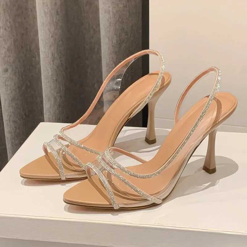 Wen Summer Rhine Slingback Pumps Off Lady Transparent Heeled Sandals Elegant Pointed Toe Fem Sexy High H Y250319
