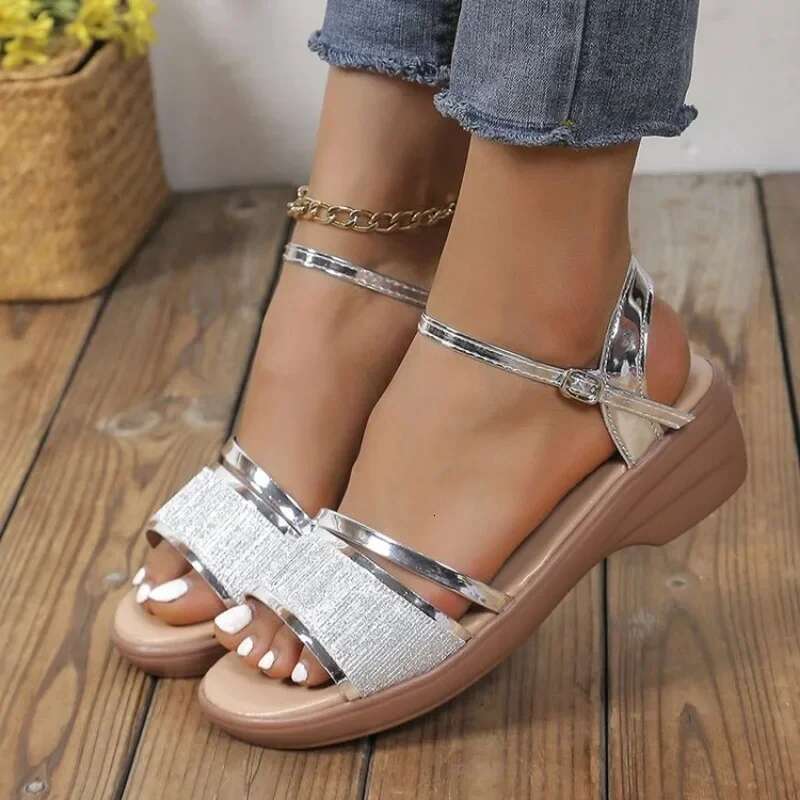 Platform Gold Sier Women 2025 Summer Thick Heeled Wedges Sandals Woman Plus Size 43 Ankle Strap