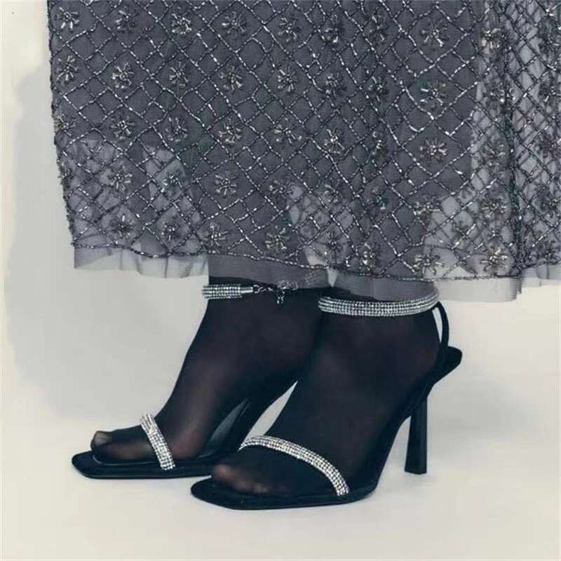 Shiny Crystal Aneikeh2025 Decoration Thin High Heels Women's ck Square Head Open Toe Buckle Strap Sandals Party Dress atos