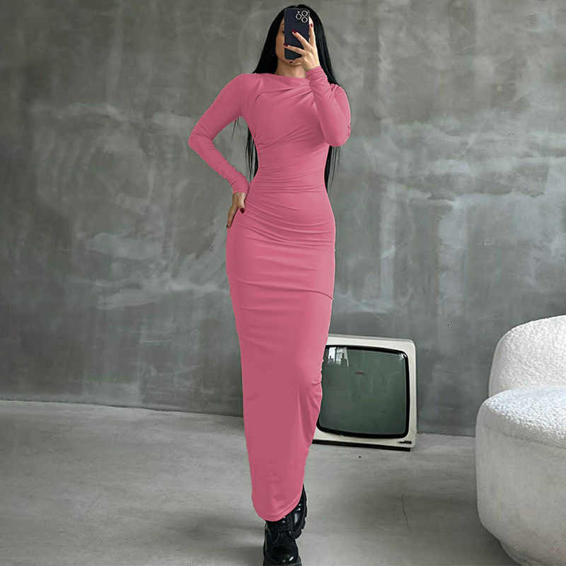 Women's 2023 Winter New Fashion Sexy Slim Fit Pleated Split Solid Long Sleeve Dress For Women
