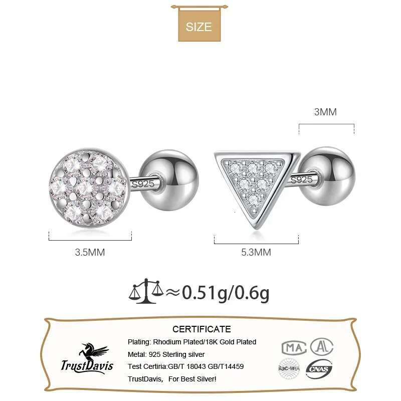 Truavis Real Sterg Sier Triangle Round CZ Screw Stud Earrings For Women Children Girls Minimalist Jewelry DA2445