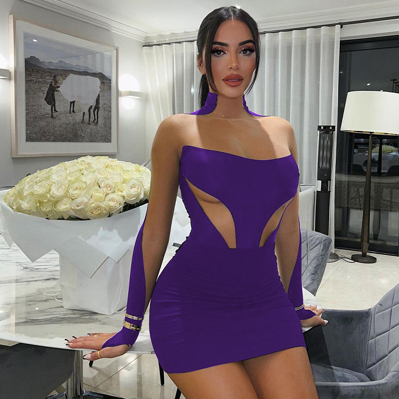Wind Women's New Summer New Fashionable And Sexy Mesh Splicing Slim Fit Long Sleeved Hip Hugging Dress
