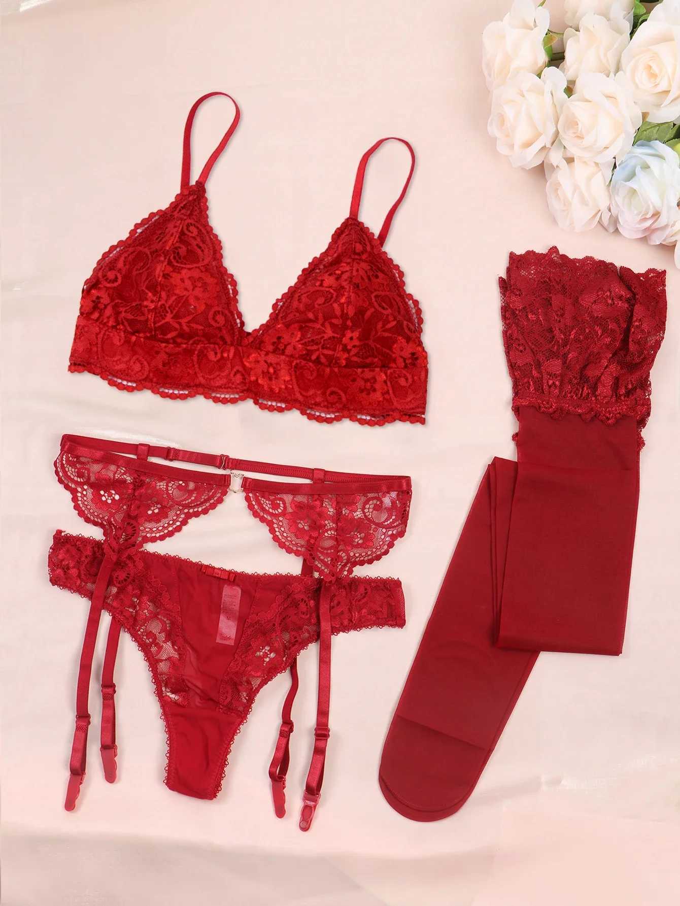 Varsbaby lace bra set for women without padding panties garters stockings summer lingerie sexyXJ250301