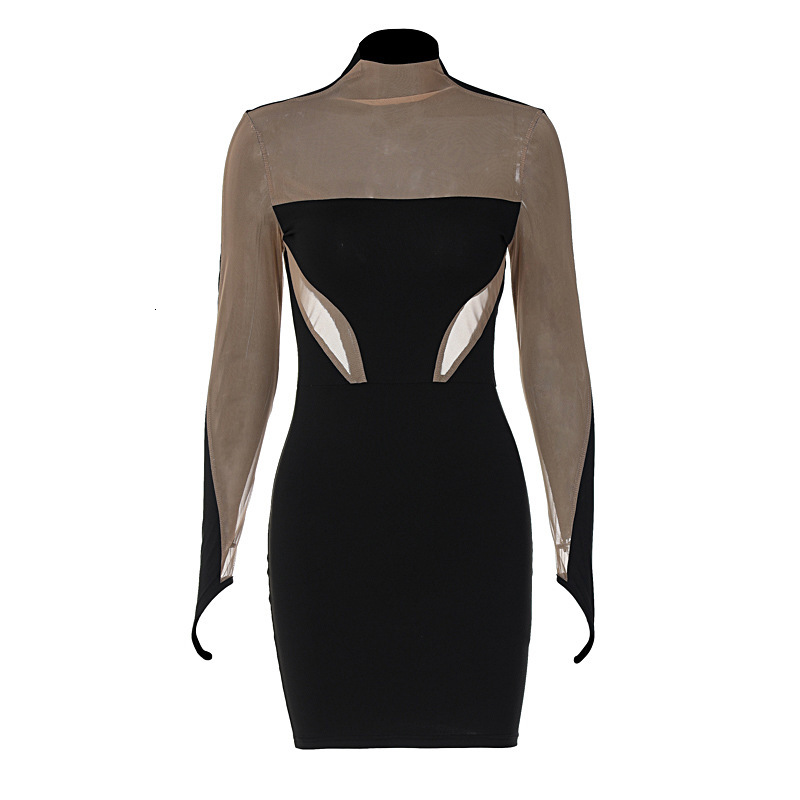 Wind Women's New Summer New Fashionable And Sexy Mesh Splicing Slim Fit Long Sleeved Hip Hugging Dress