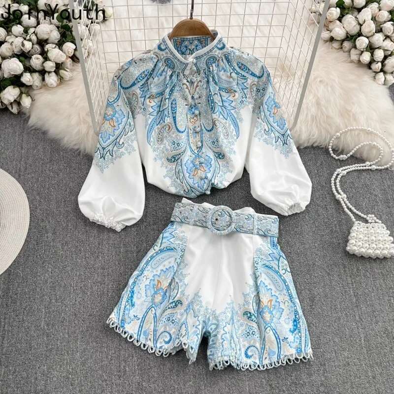 Korean 2 Piece Sets Women Clothes Stand Neck Single Breasted Shirt High Waist Wide Leg Pants Suit Vintage Ral Summer Outfits