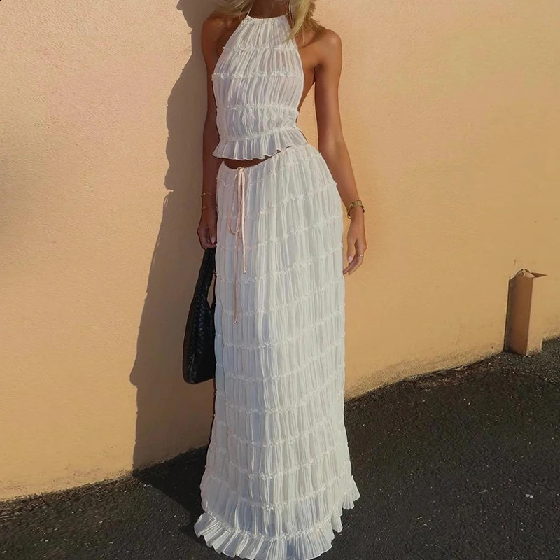 Womens Boho Sexy Backless Matching Suit 2 Piece Beach Holiday Outfits Vintage Ruched Halter Cami Tops Maxi Long Skirt Party 250225
